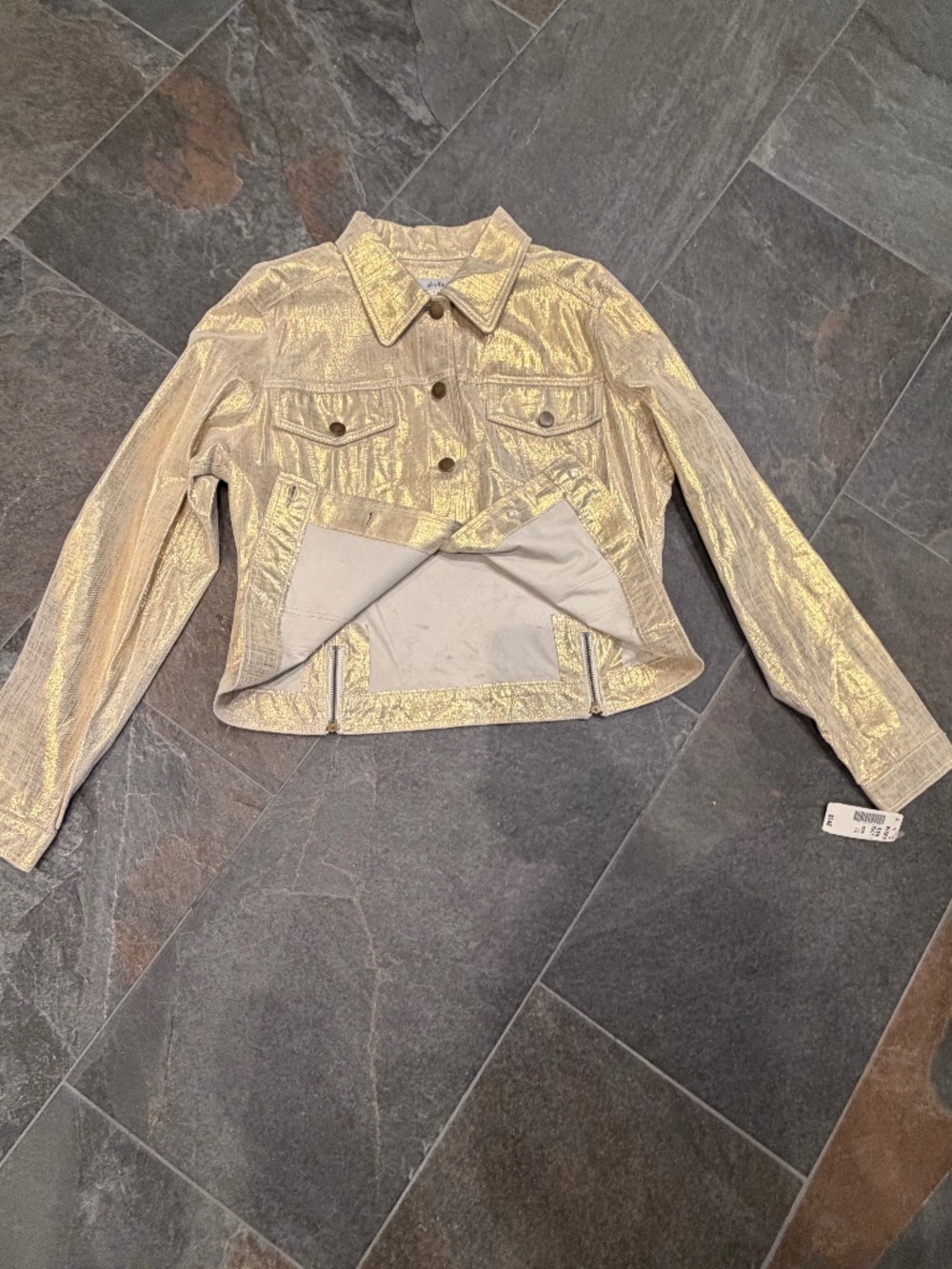 NWT - POLISHED AND PRINTED GOLD ON WHITE SUEDE JEAN JACKET